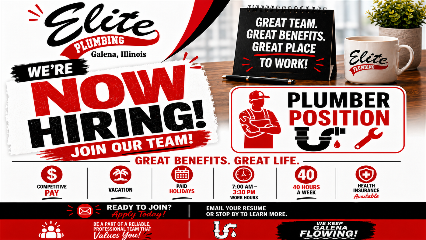Elite Plumbing hiring ad with bold red-and-black text, service truck, coffee mug, and job opening details