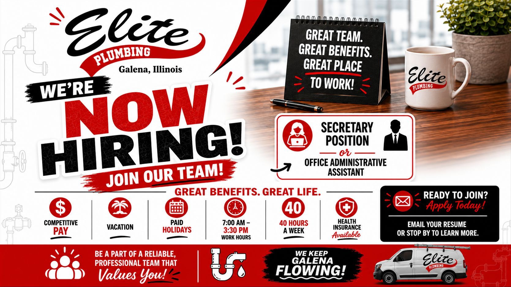 Elite sign: “We’re Now Hiring!” in bold red and black, with team member, crew benefits, and driving positions listed.