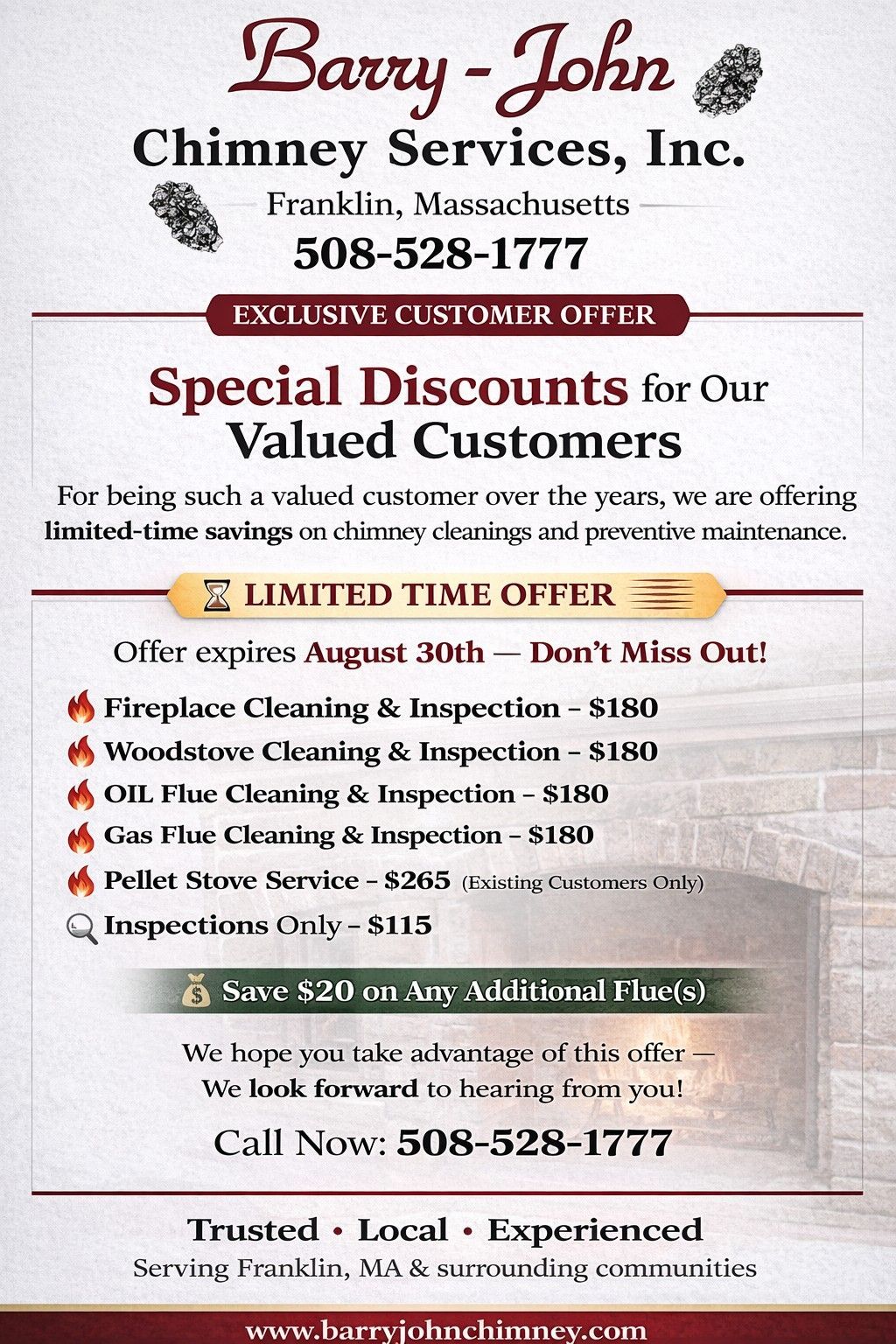 Promotional flyer for Barry-John Chimney Services, Inc. in Franklin, MA, listing discounted cleaning and service rates.
