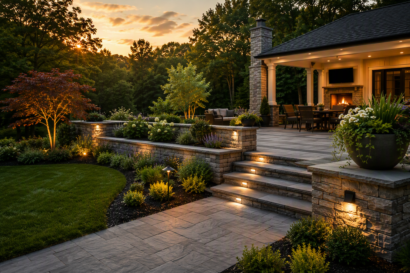 Landscaped stone patio with lit steps, flowers, and a cozy house porch at sunset