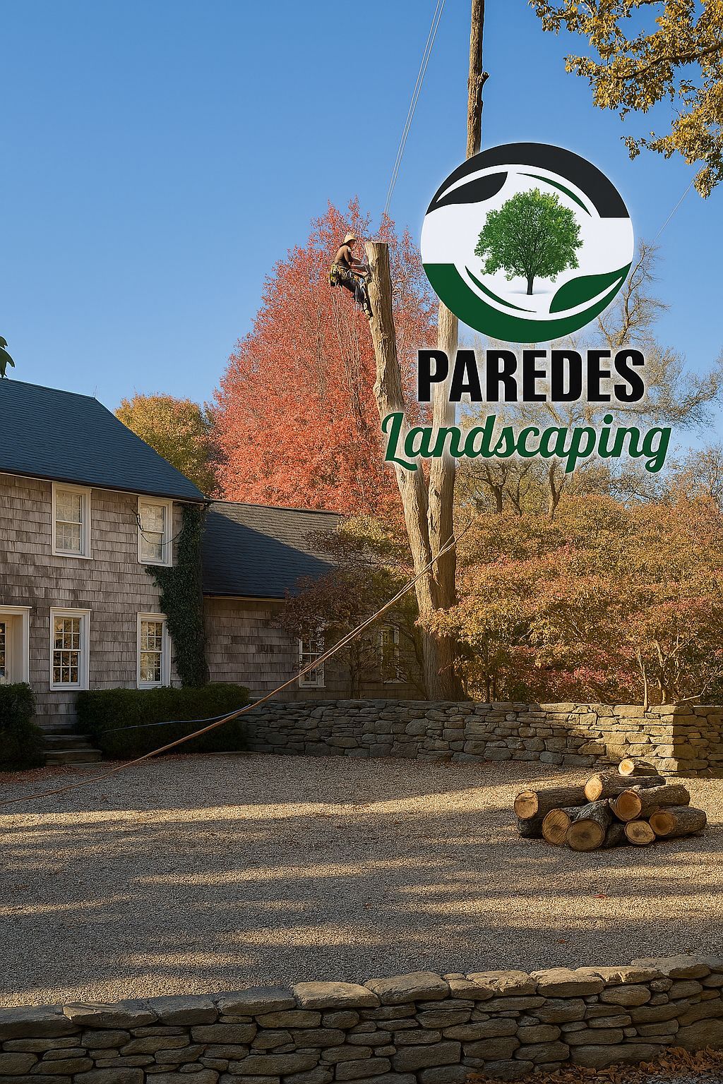Man trimming a tall tree near a stone house and a pile of logs. Paredes Landscaping logo visible.