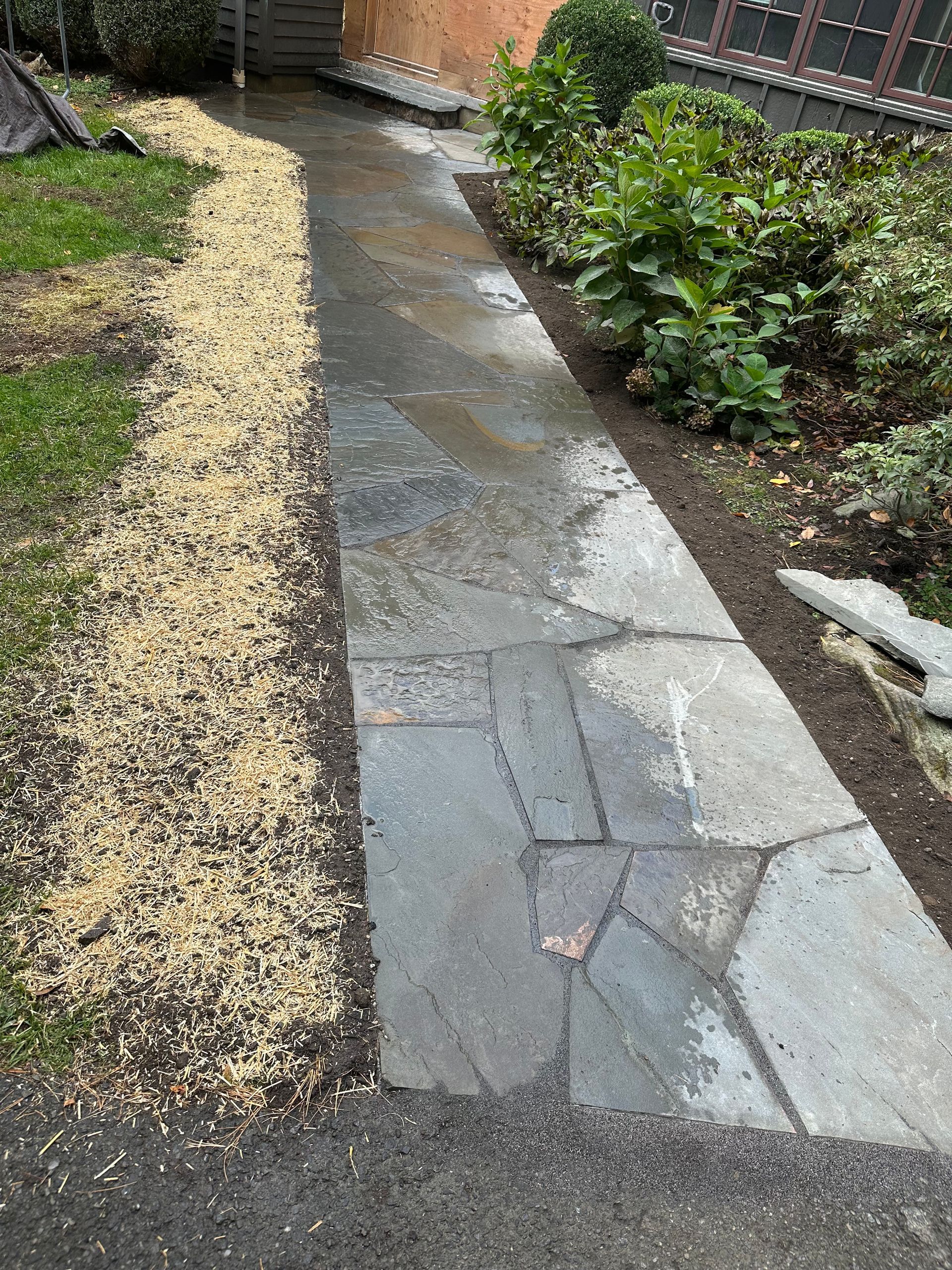 Stone walkway with mulch border and green plants on one side, grassy area on the other.
