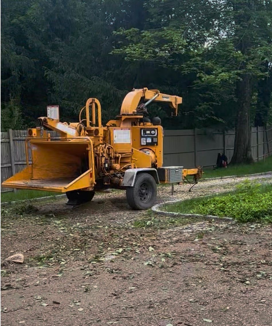 Yellow wood chipper on a trailer, parked on a gravel drive with greenery in the background.