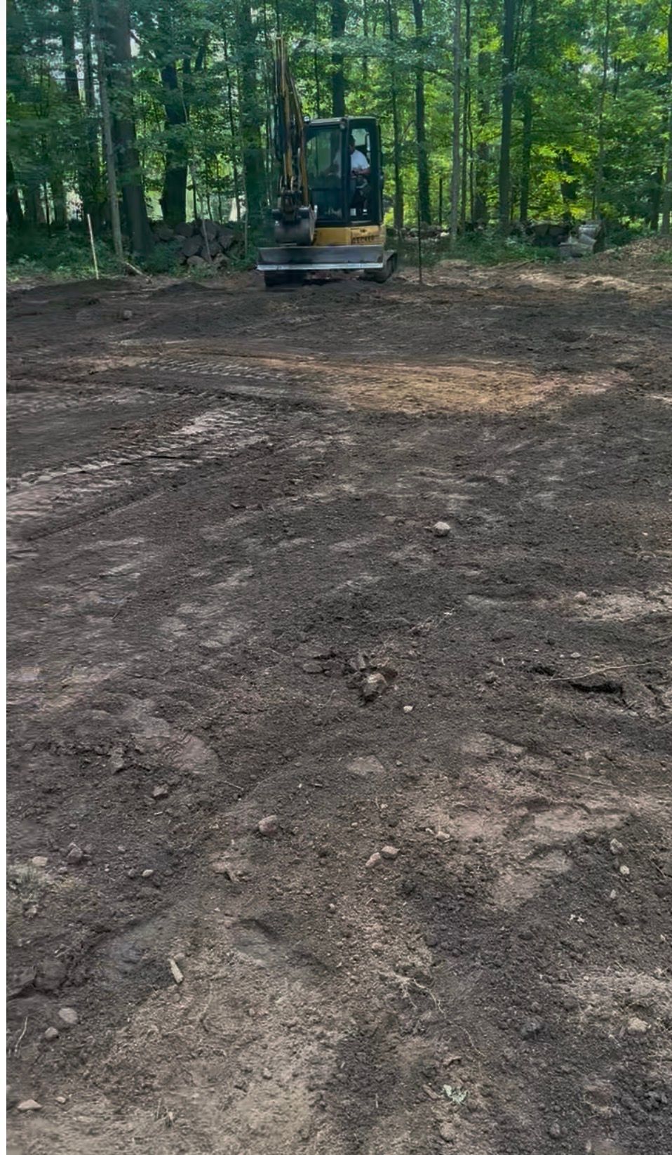 Excavator on a cleared dirt lot in a wooded area.