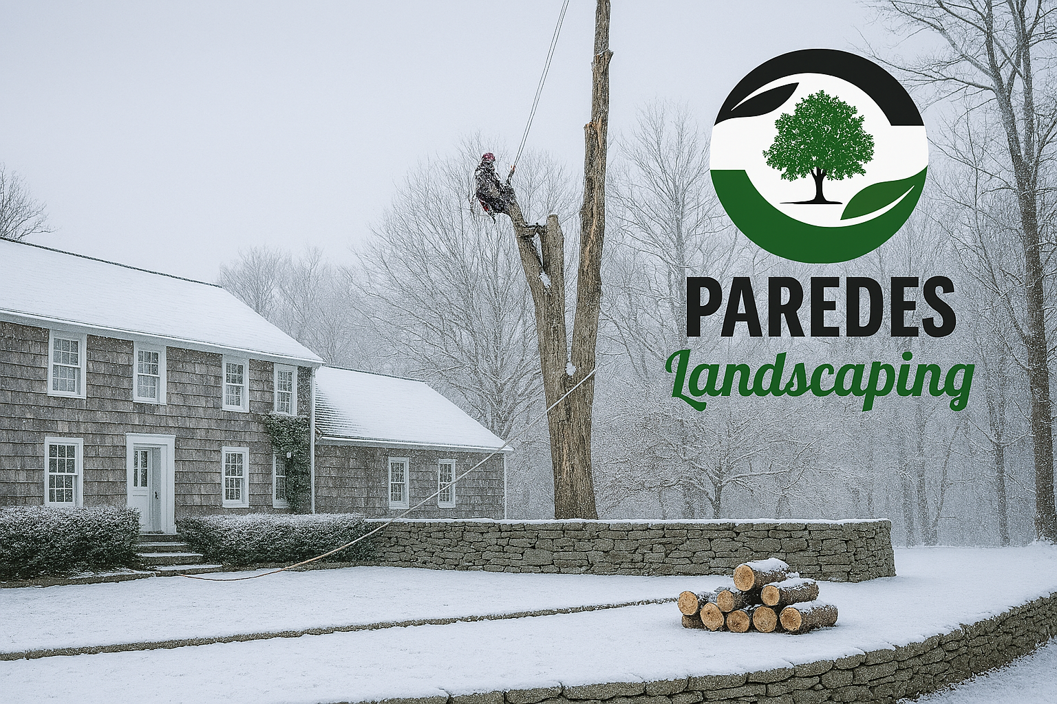 Snowy scene: Tree work near a house, with the Paredes Landscaping logo in the foreground.