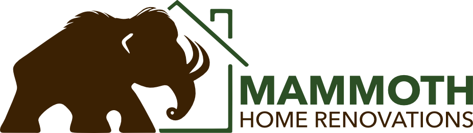 A logo for mammoth home renovations with a brown wooly mammoth and a house.