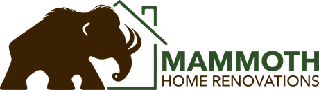 A logo for mammoth home renovations with a brown wooly mammoth and a house.