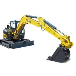 Yellow Gehl excavator with black bucket, on a white background.