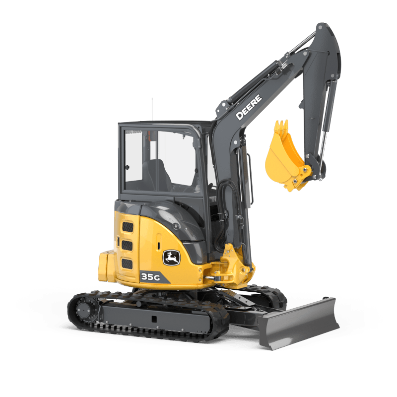 Yellow and black John Deere mini excavator with a raised arm and bucket.