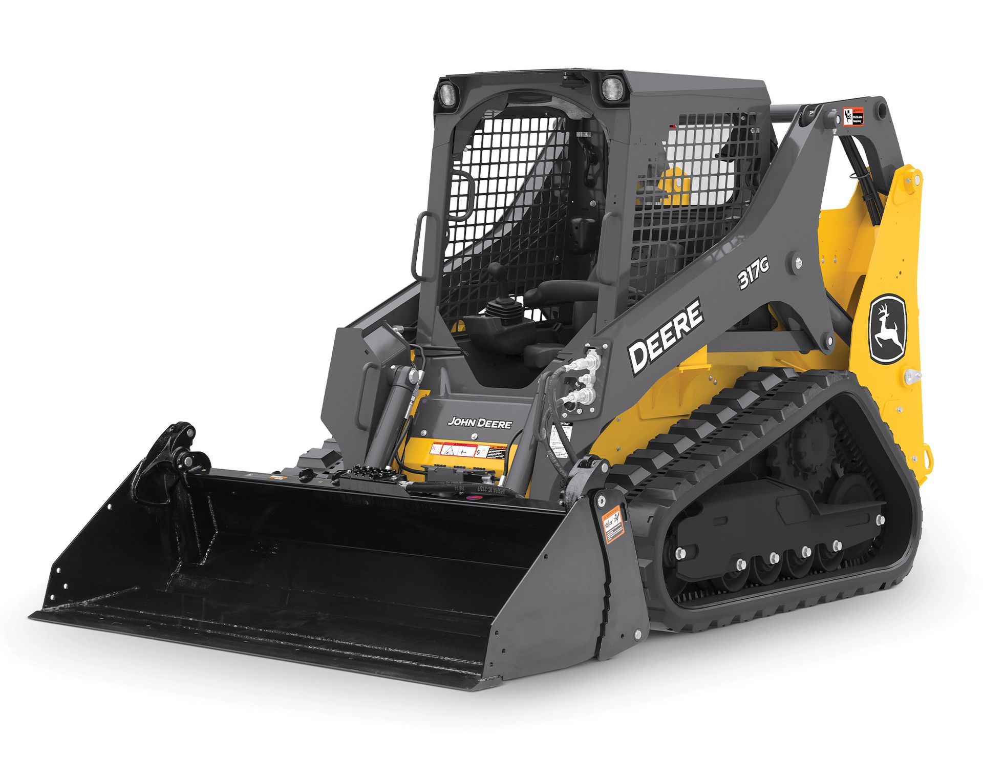 John Deere compact track loader with a bucket.