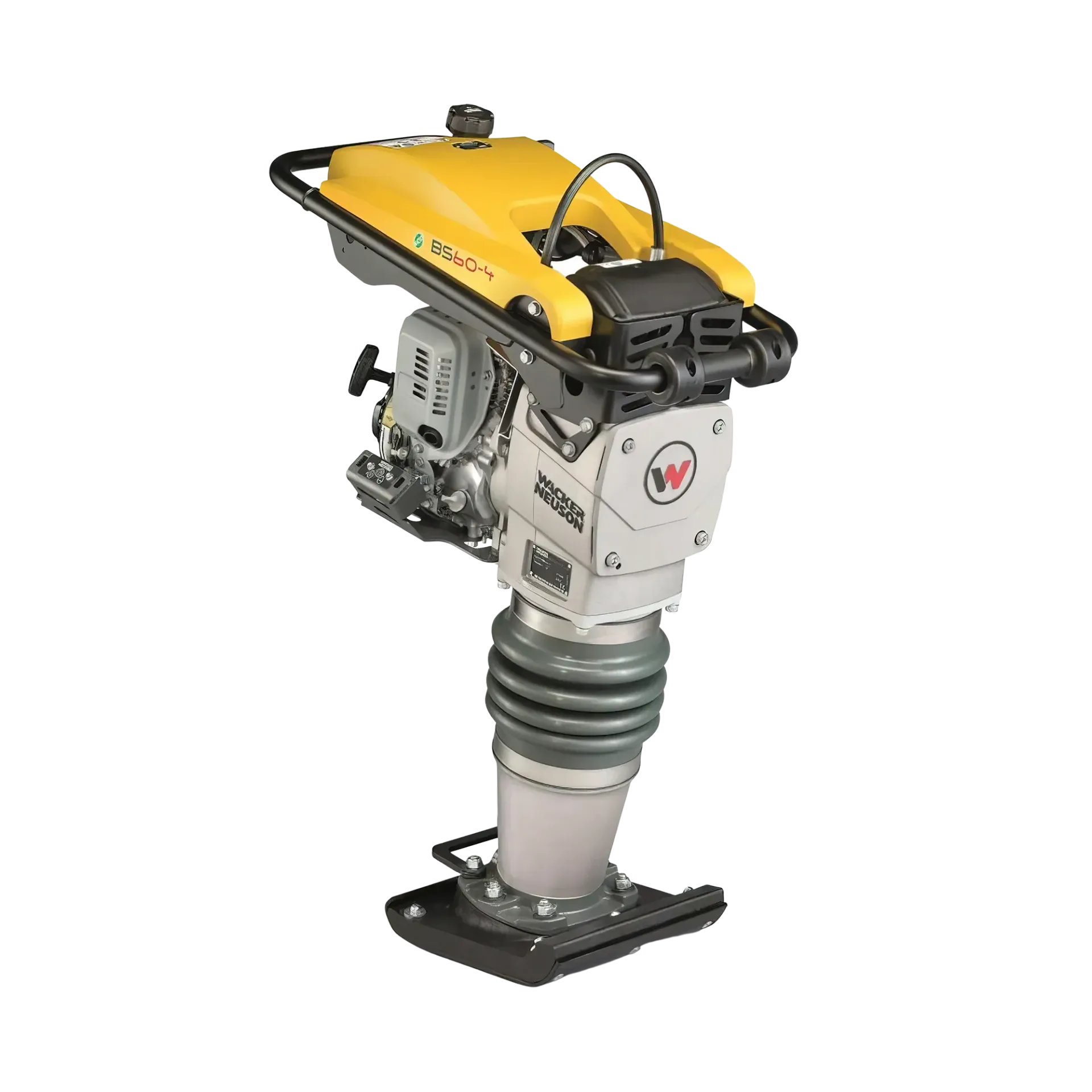 Yellow and silver rammer compactor on a white background.