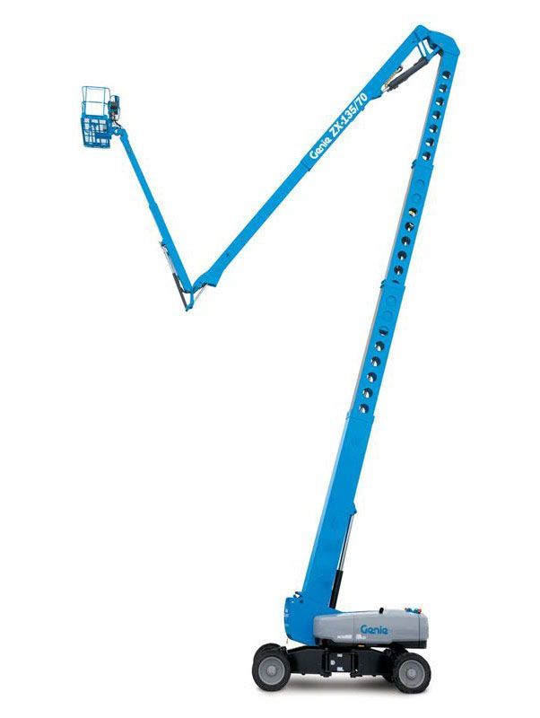 Blue Genie articulating boom lift, extended. Platform raised with worker basket at end. Gray base, white background.