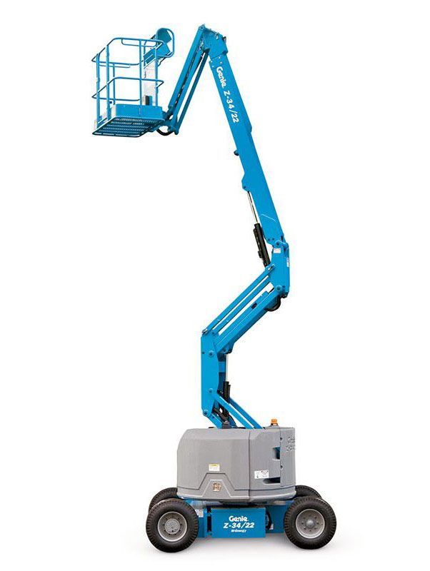 Blue Genie Z-45/25 articulating boom lift, raised in the air, white background.