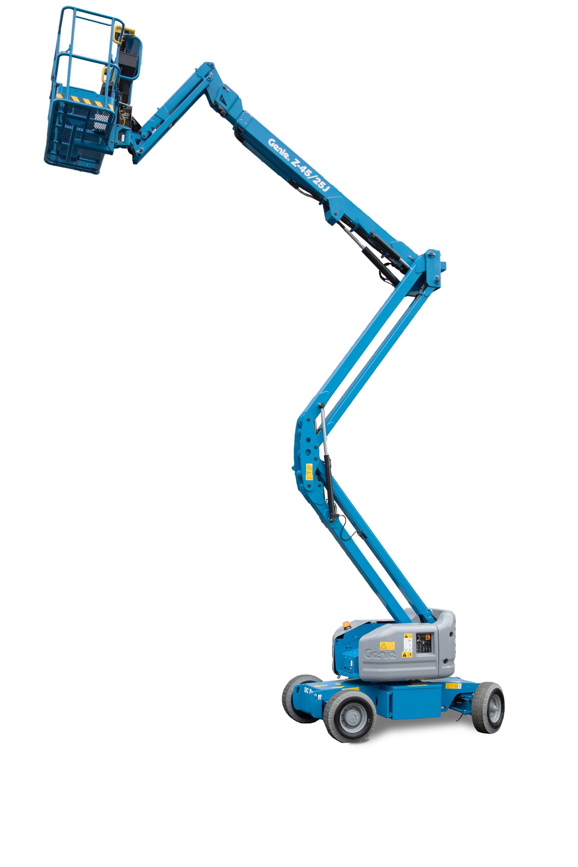 Blue articulated boom lift reaching upwards with basket.