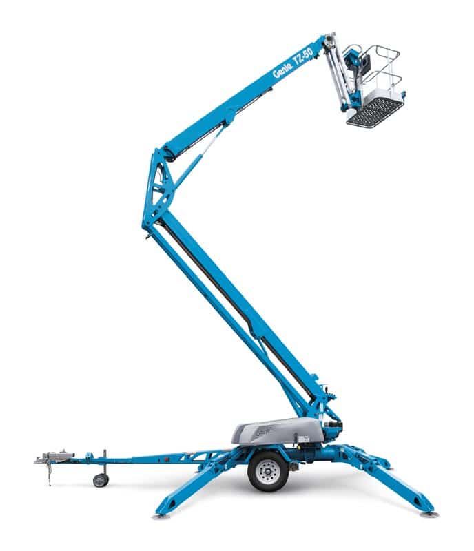 Blue Genie TZ-50 articulating boom lift, extended. It has a work platform at the top, and outrigger supports.