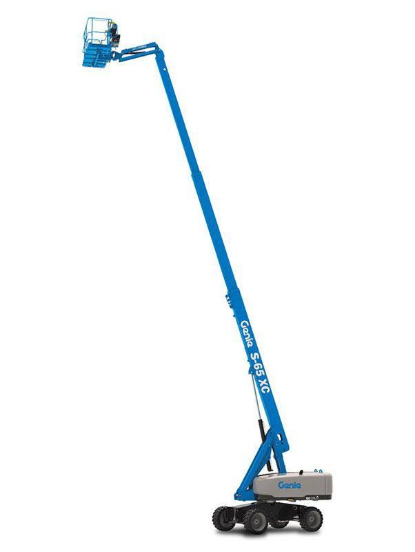 Blue Genie Z-33 XC articulating boom lift with a worker platform, against a white background.