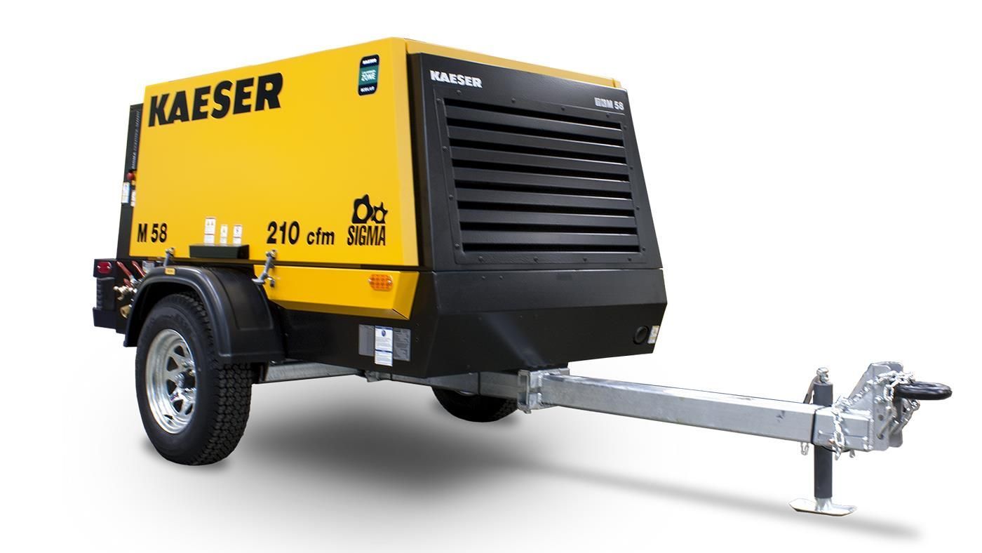 Yellow and black Kaeser portable air compressor on a trailer.