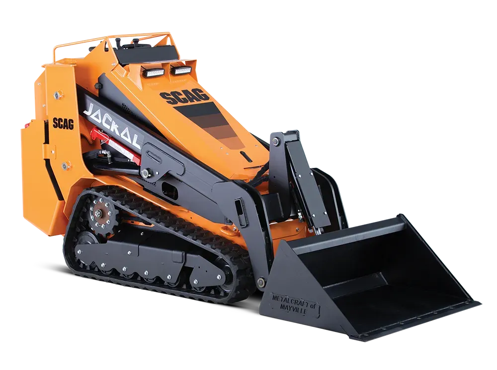 Orange and black Scag Jackal compact track loader with bucket on a white background.