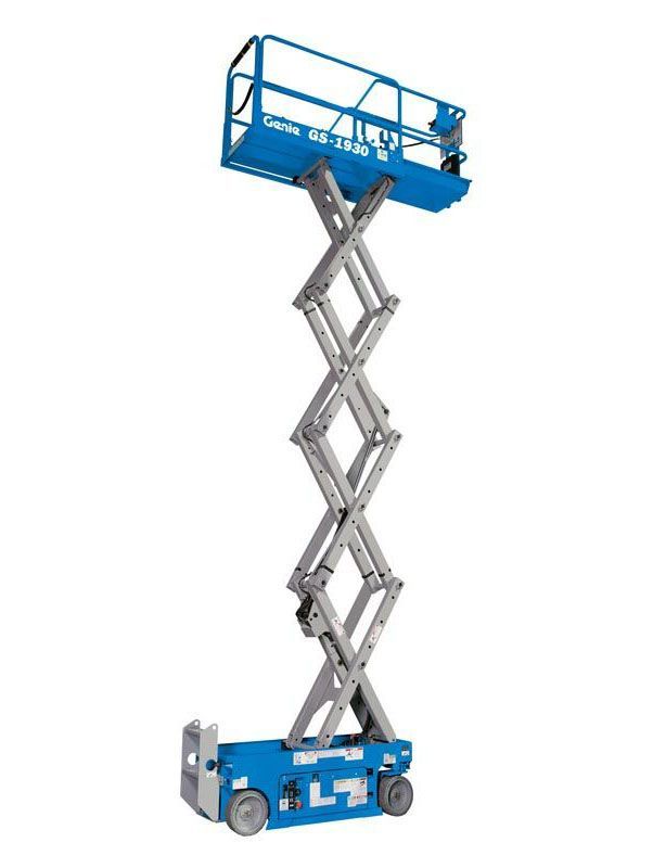 Blue and gray scissor lift extended high.