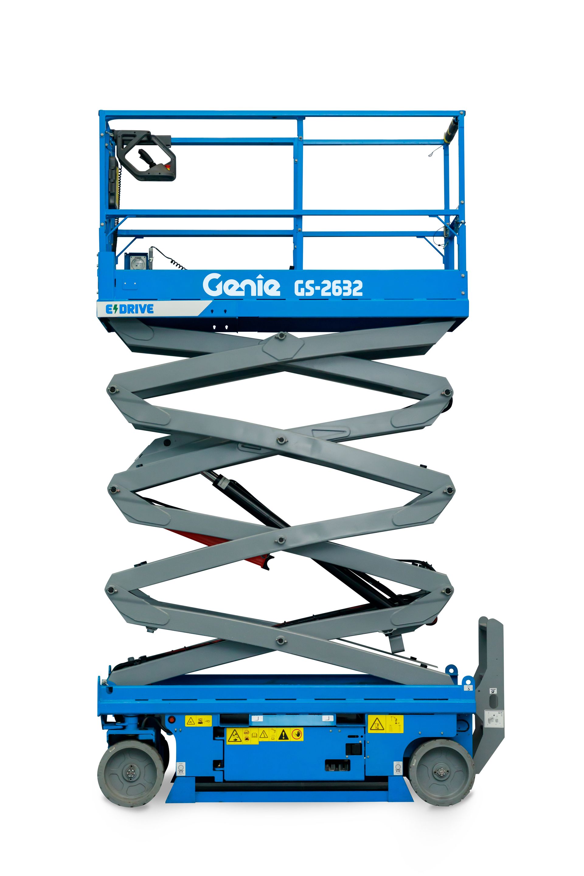 Blue Genie GS-2632 scissor lift extended to its full height, indoors.