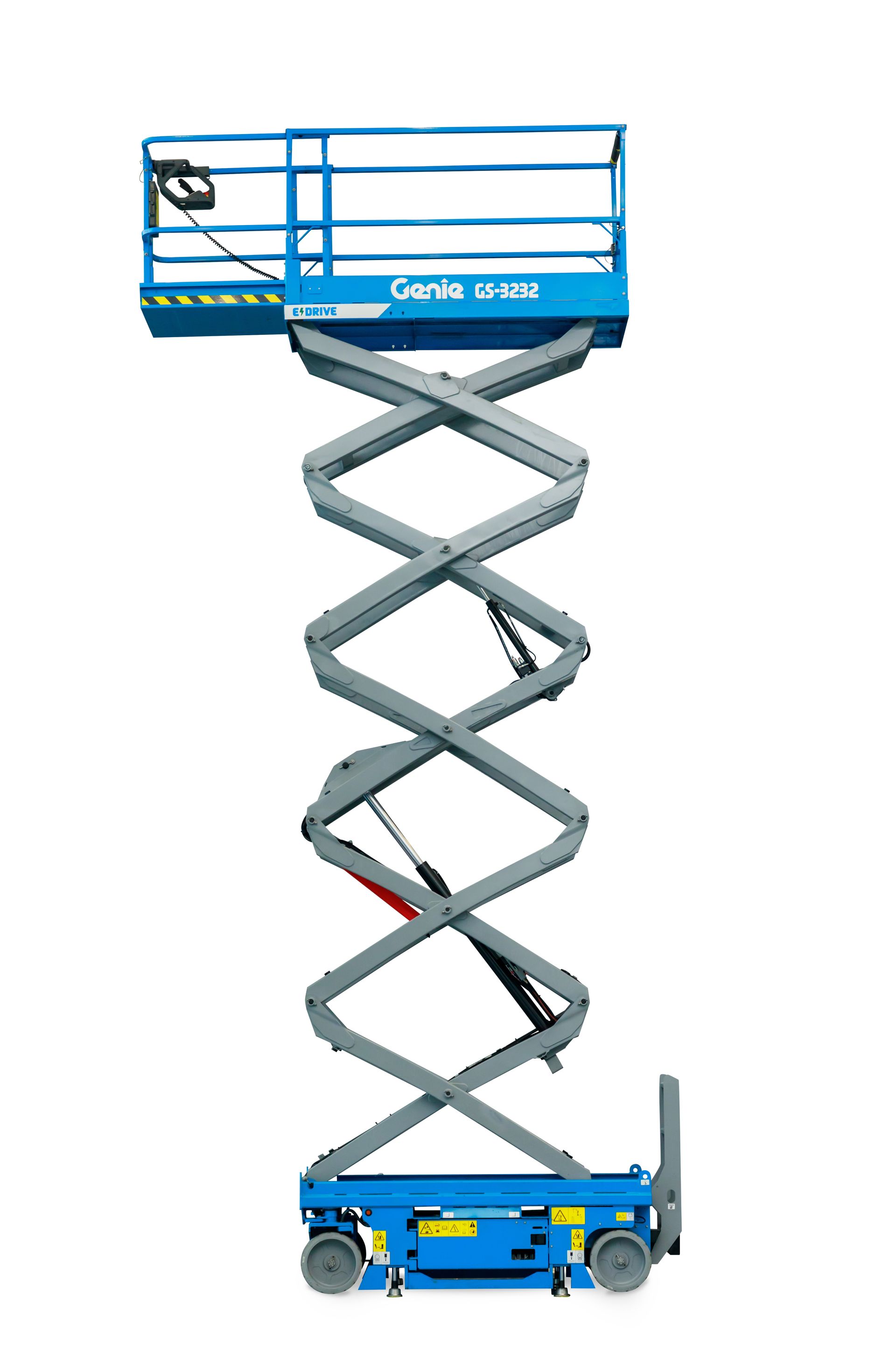 Blue Genie scissor lift, fully extended. Cage platform, gray scissor arms, blue base.
