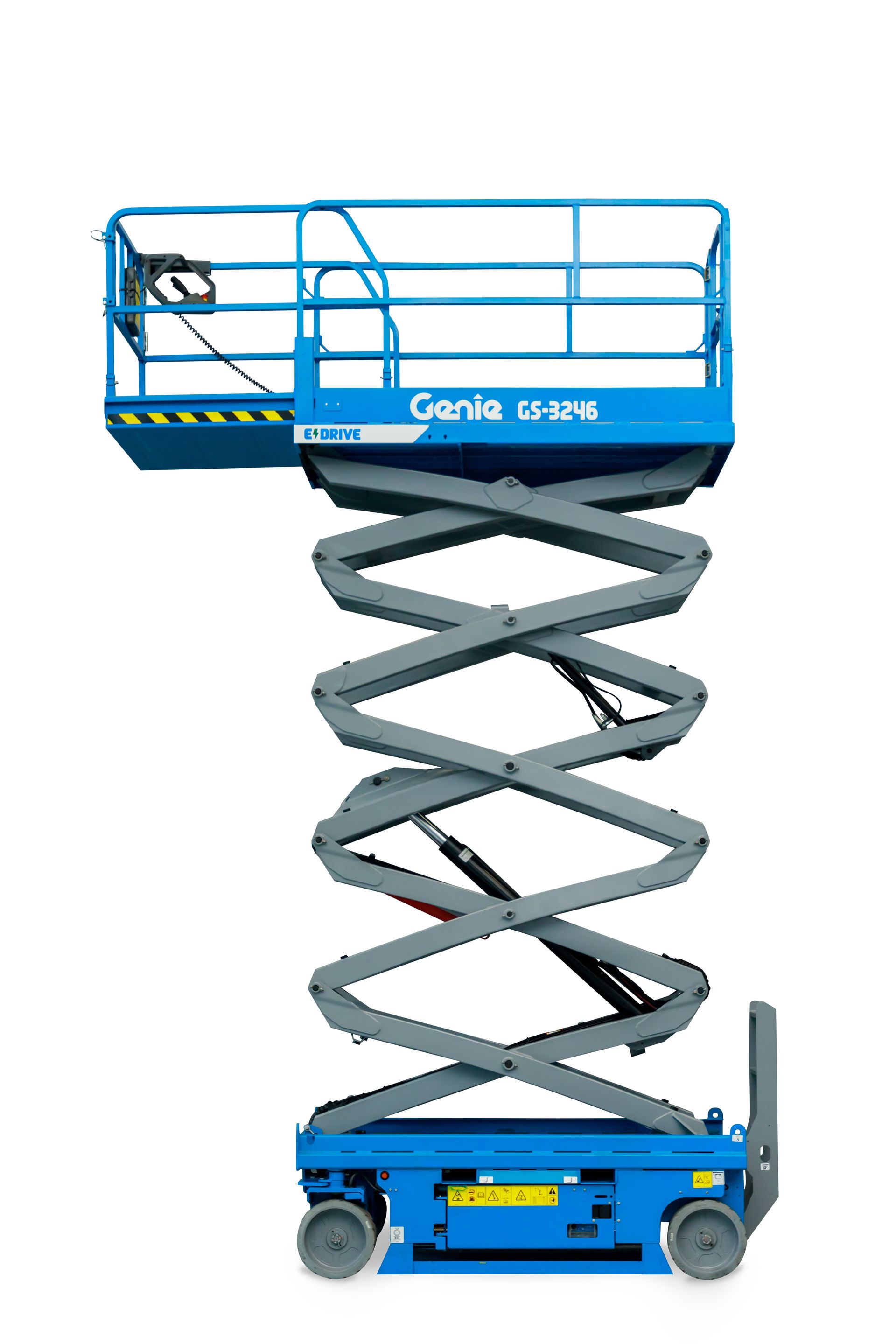 Blue Genie scissor lift, fully extended, on a white background.