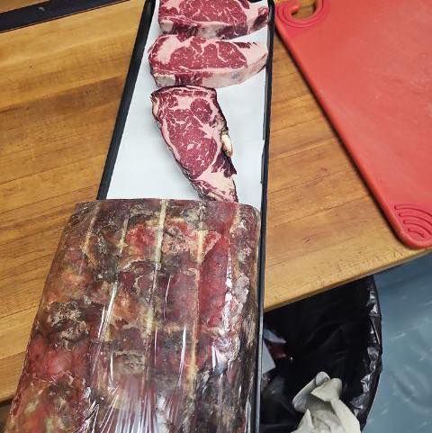 Raw steaks arranged on a tray 