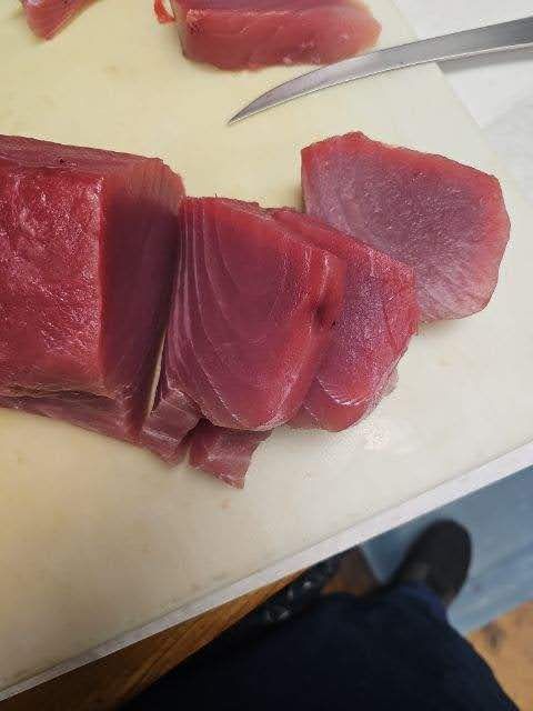 Bluefin tuna on a chopping board 