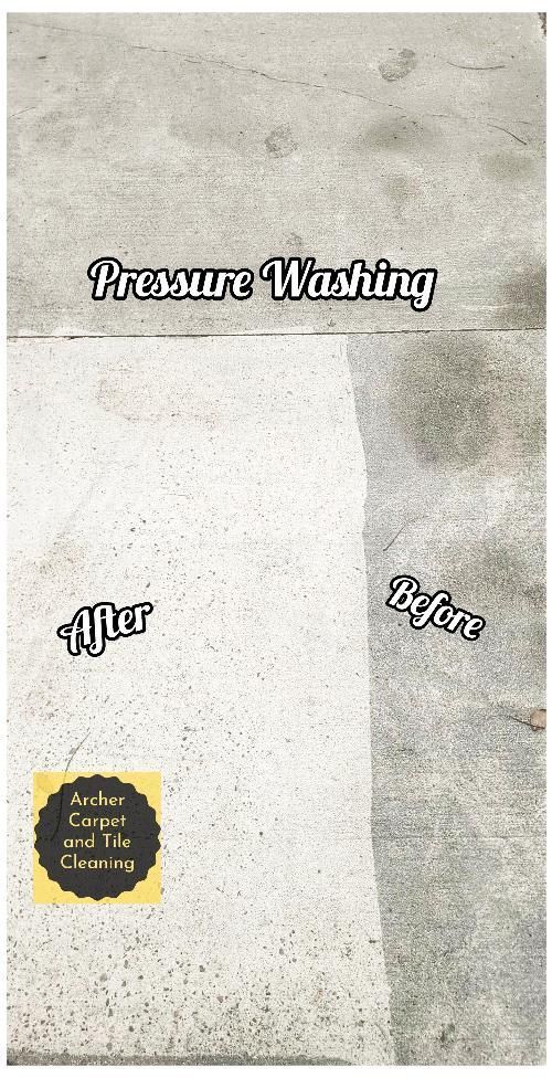 Concrete before and after pressure washing. Text: 