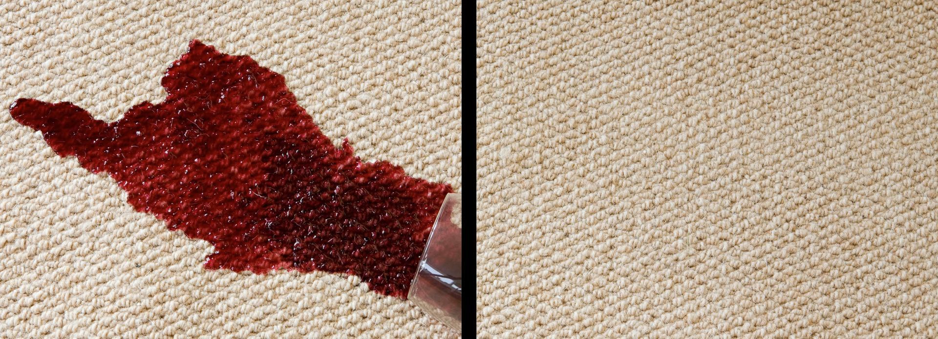Red liquid spilled on tan carpet, cleaned and stain-free on the right.
