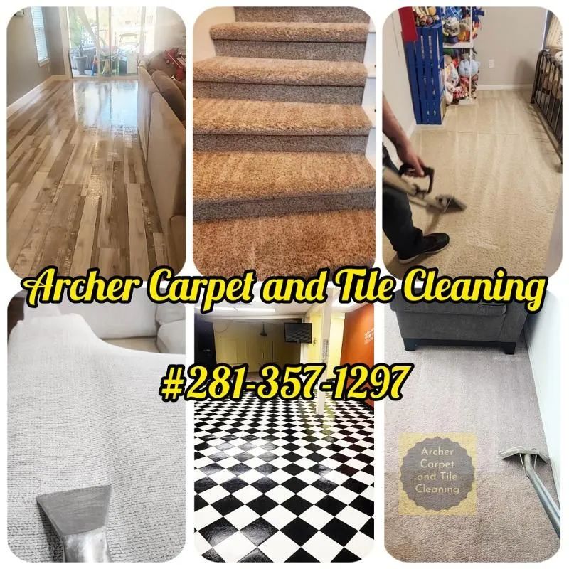Collage of flooring examples cleaned by Archer Carpet & Tile Cleaning: wood, carpeted stairs, and black & white tile.