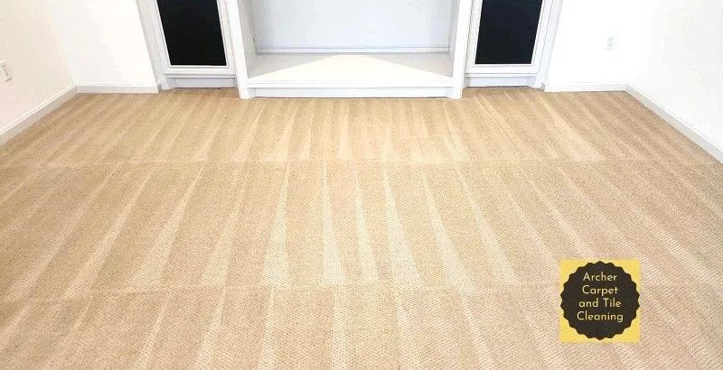 Tan carpet in room with white built-in shelf and black interiors.