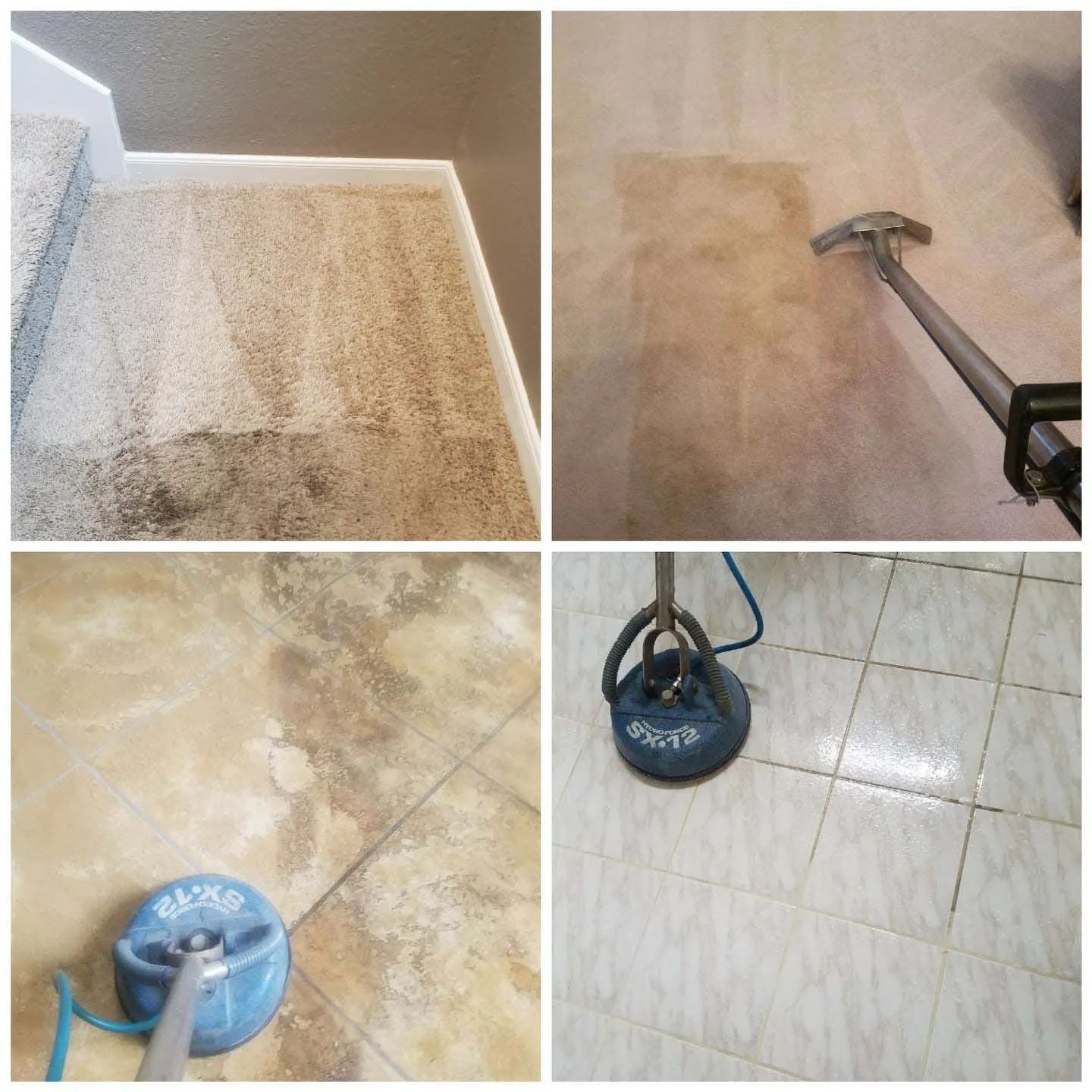 Four-panel collage showing carpet and tile cleaning: stairs, carpet being cleaned, tile being cleaned, cleaned tile.