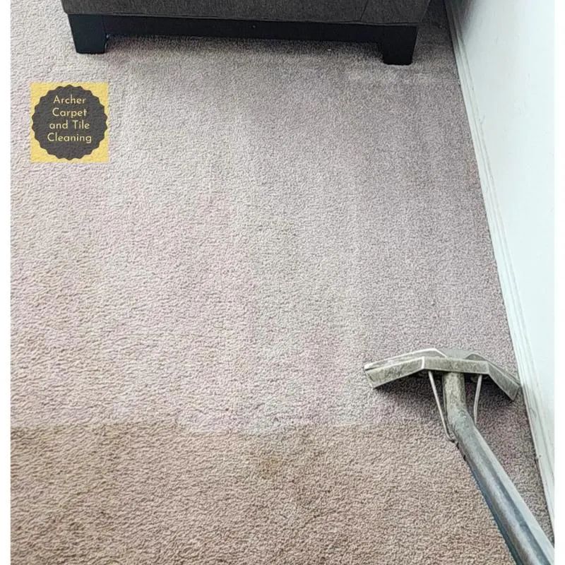Carpet cleaning in progress. Light brown carpet with a dark sofa leg. The cleaning head is visible.