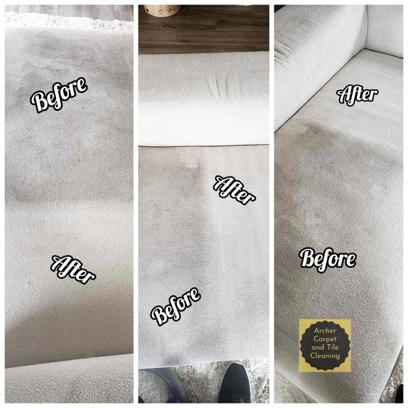 Before and after shots of carpet and couch cleaning, showing significant stain removal.