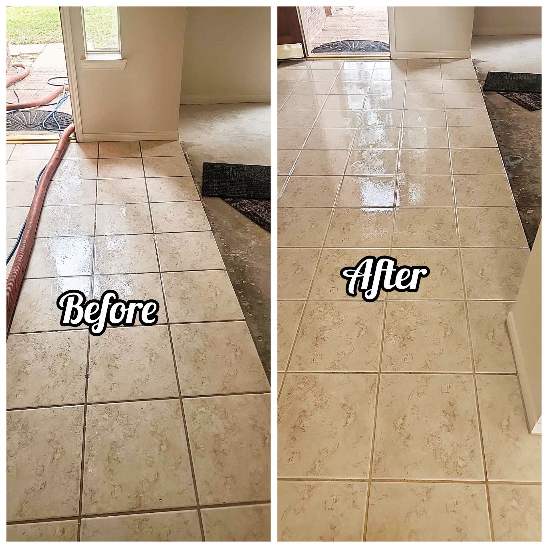 Side-by-side comparison of tile flooring before and after cleaning. The 