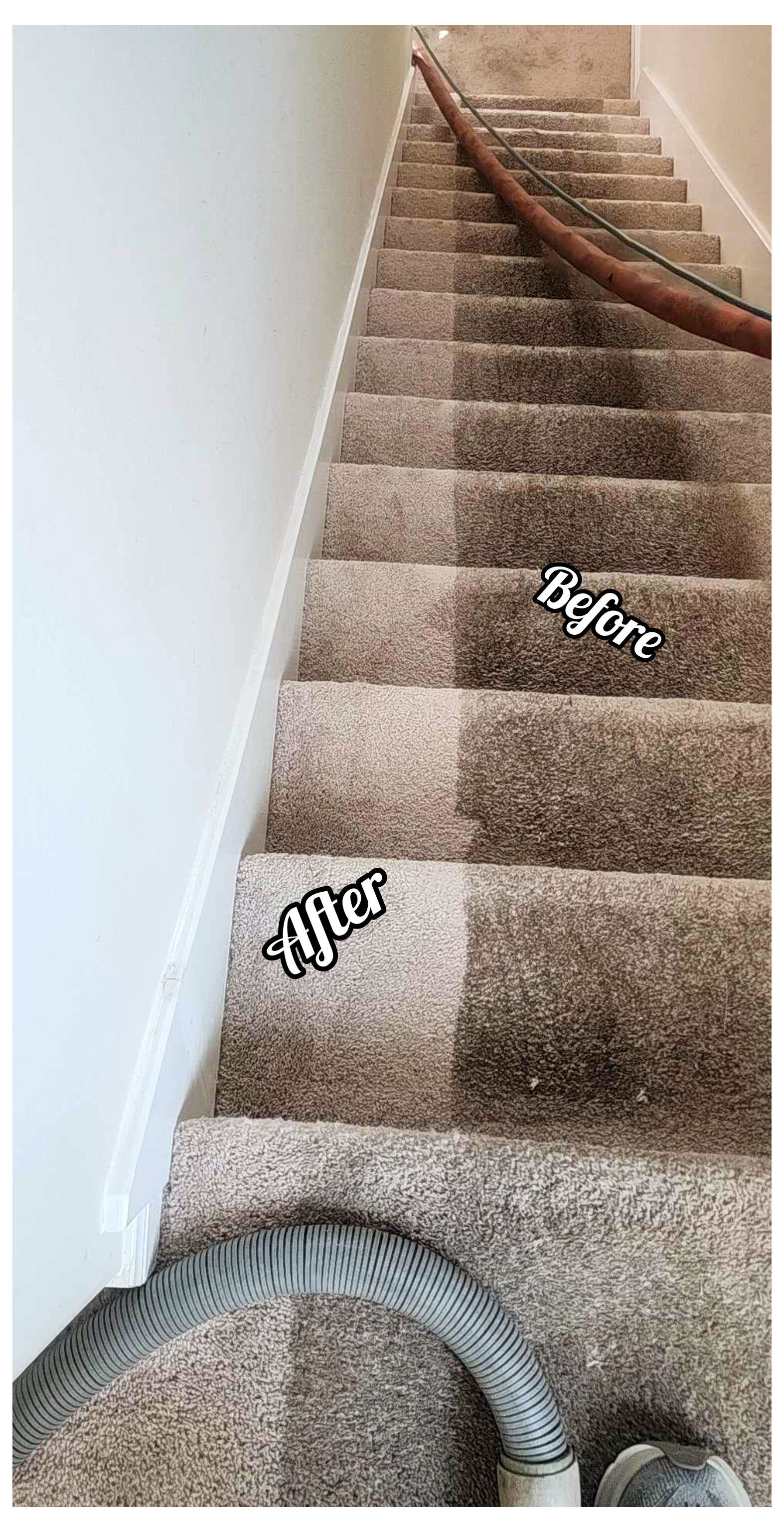 Carpeted stairs, before and after cleaning. Dark carpet, showing a significant color difference after cleaning.