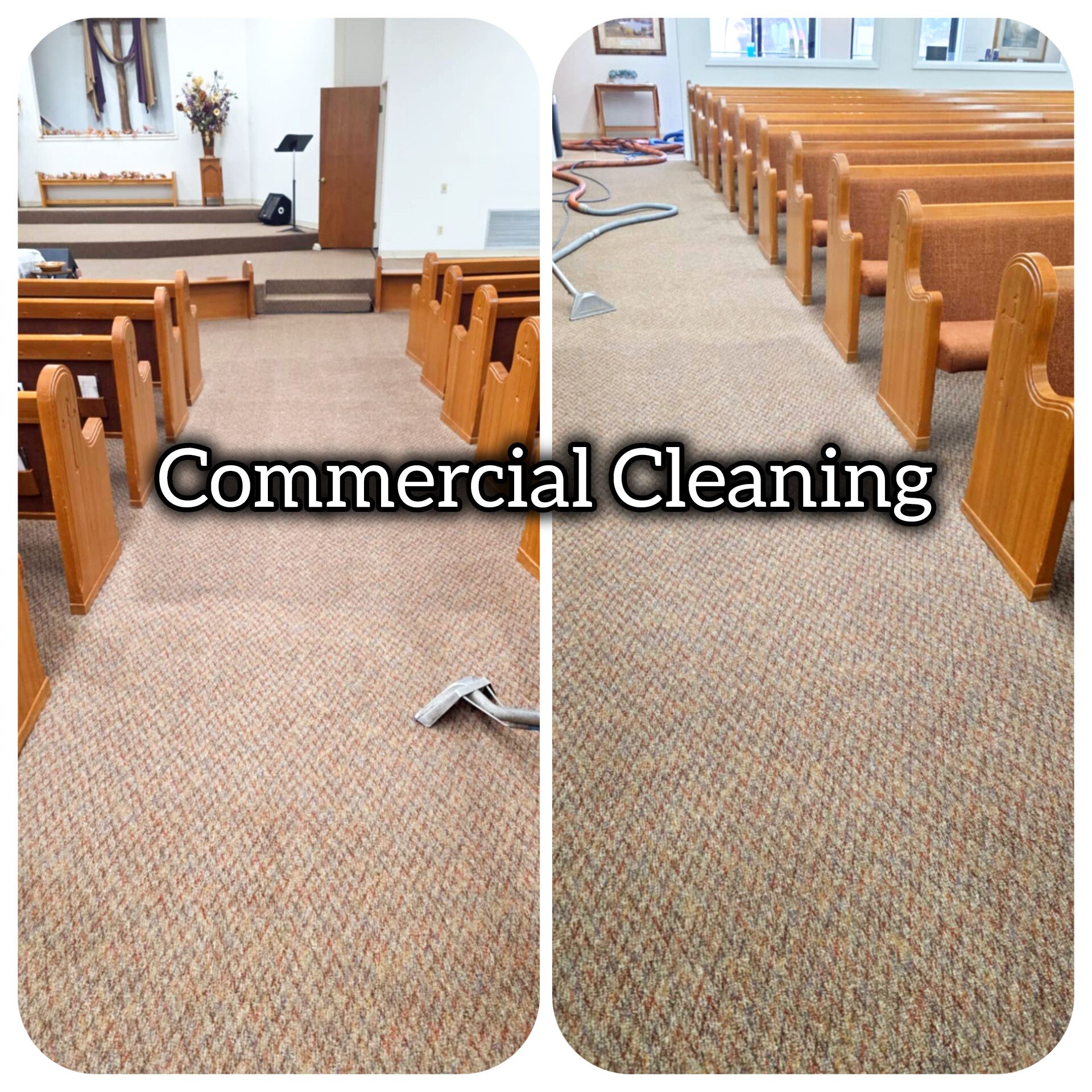Before and after of church carpet cleaning; beige carpet, wooden pews, vacuum in use.