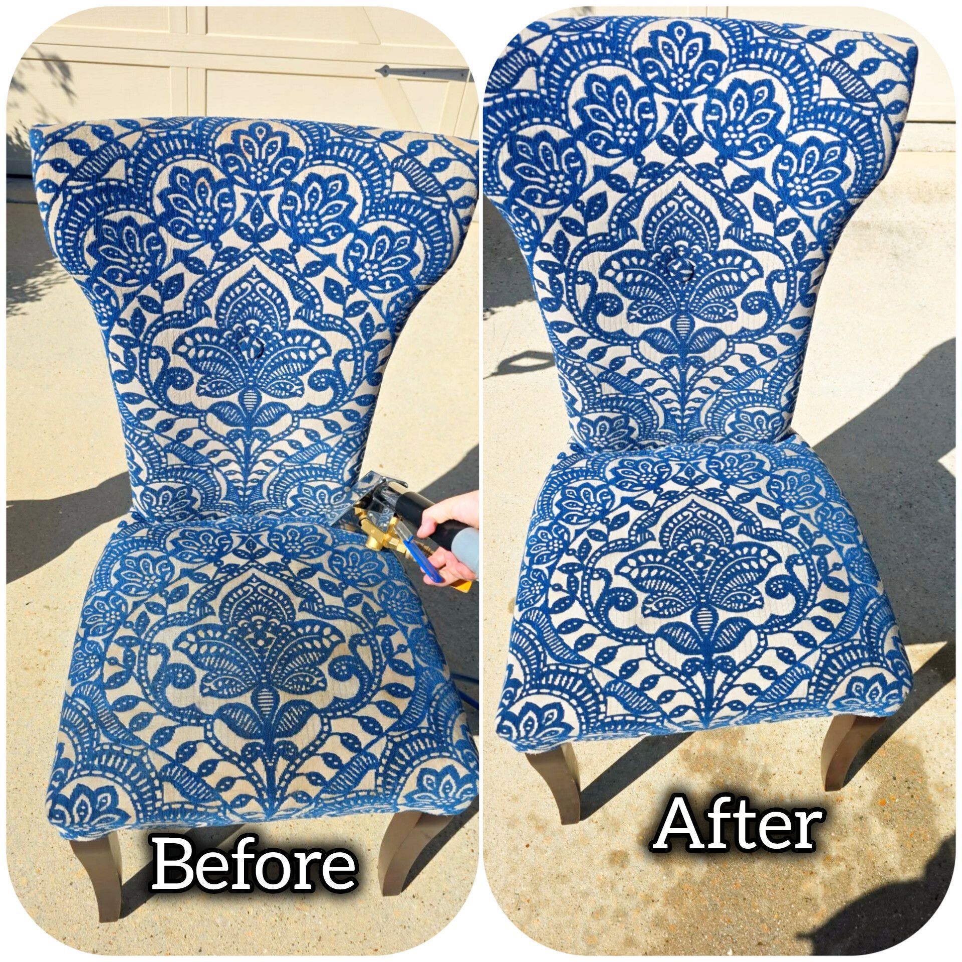 Comparison of chair before and after cleaning: Blue and white patterned upholstery, outdoor setting.