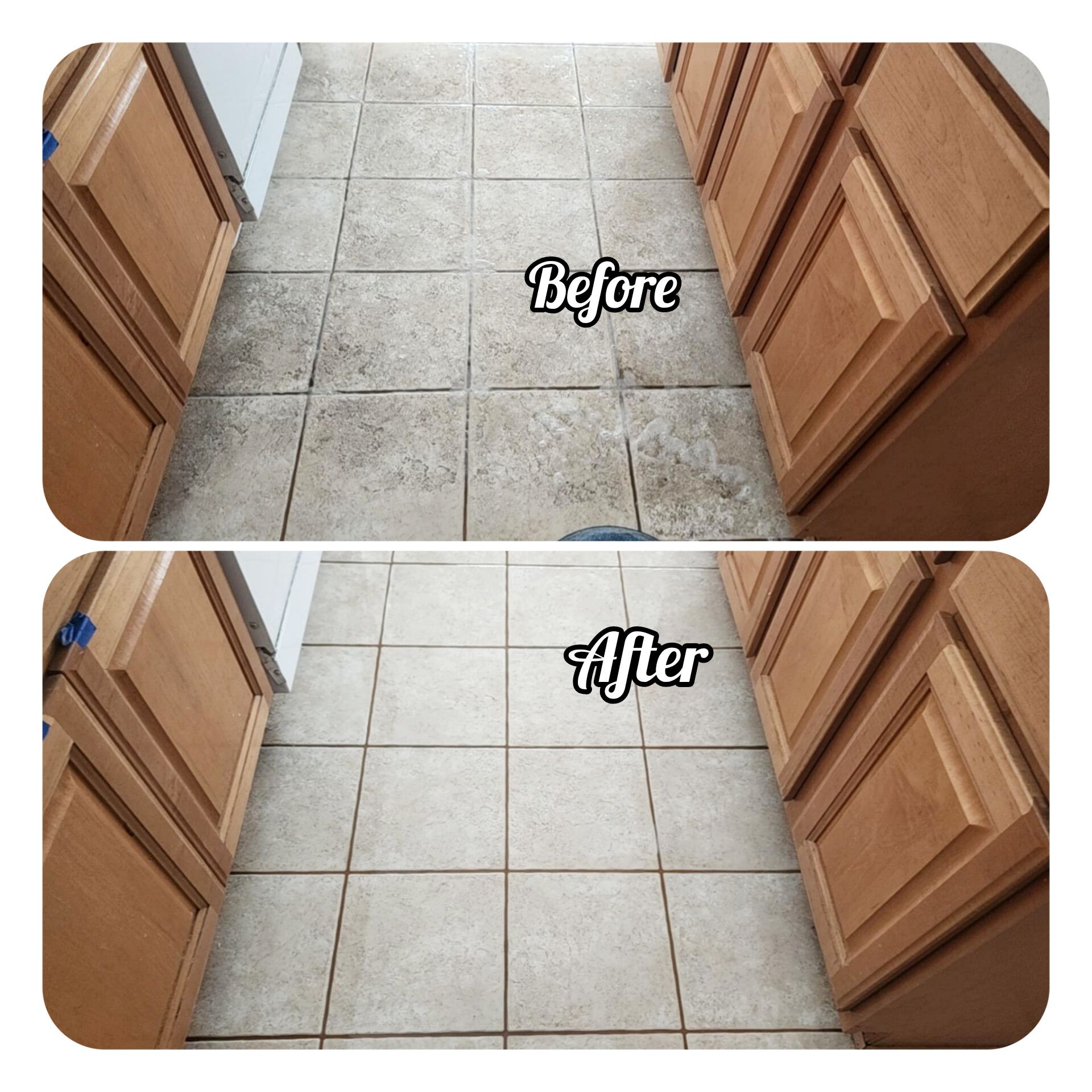 Tile floor cleaning comparison: dirty before, clean after. Kitchen setting with wooden cabinets on either side.