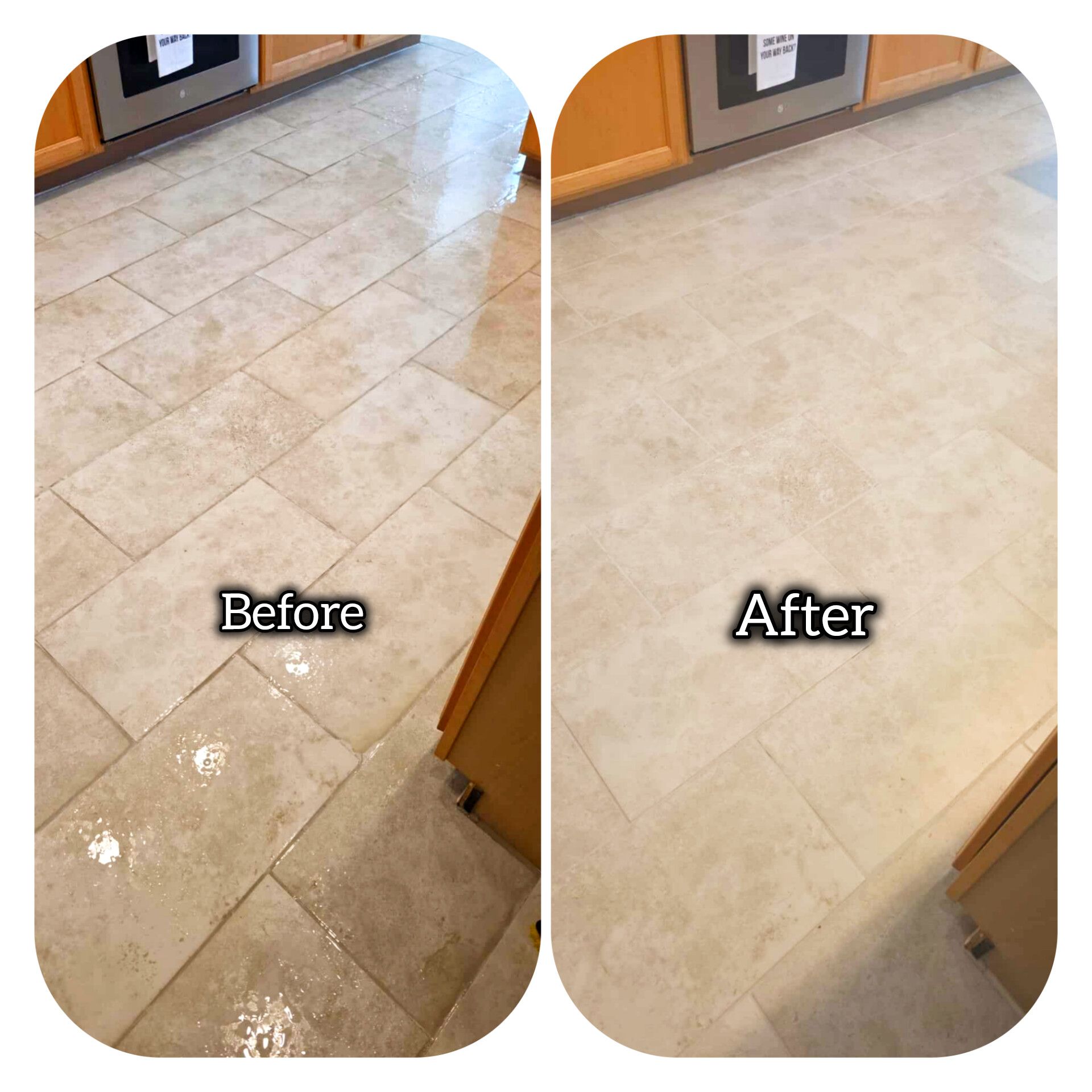 Before-and-after of a tile floor cleaning. The 