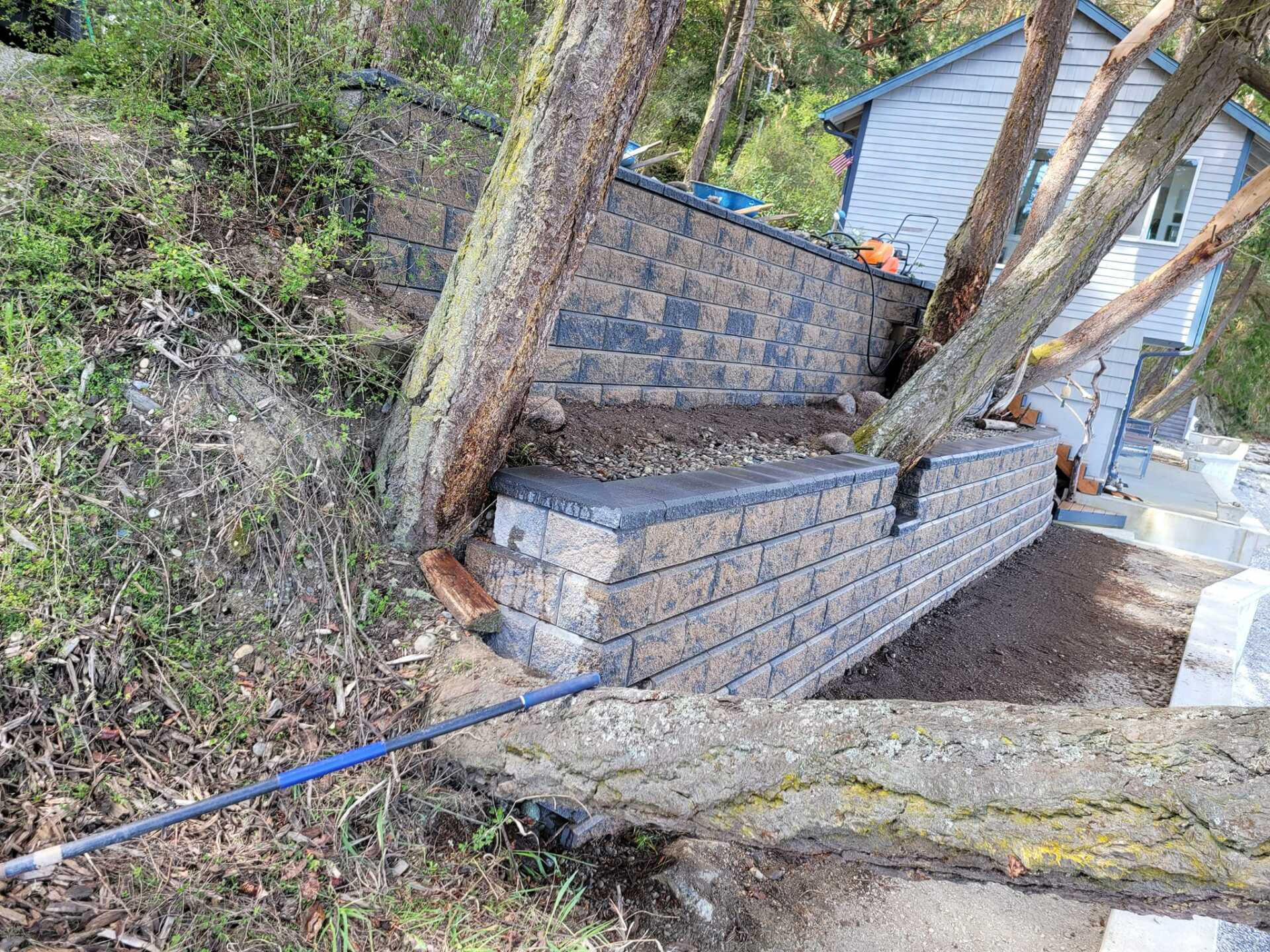 retaining wall with blue filler
