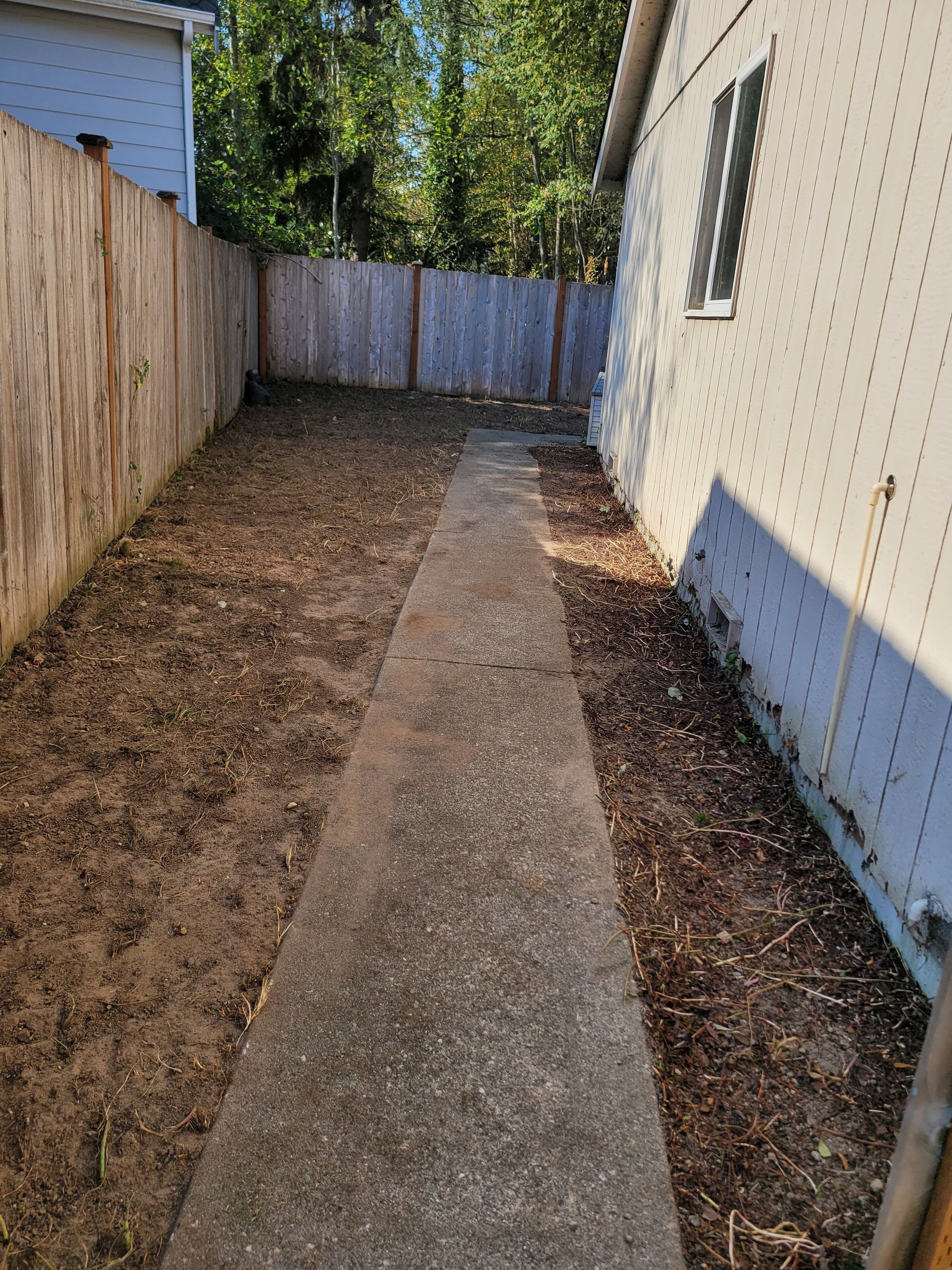 Narrow concrete path between a wooden fence and a white house, leading to a backyard gate.