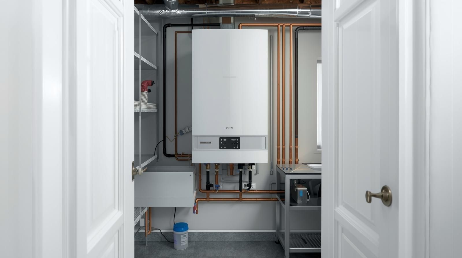 White utility room with a mounted boiler and copper piping viewed through open white doors.