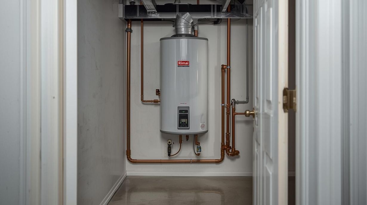 A water heater installed in a small, white-walled utility closet with copper pipes.
