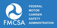 FMCSA logo on a blue background. White globe with three swirls and the letters 