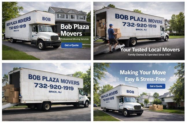 Four advertisements featuring Bob Plaza Movers trucks.