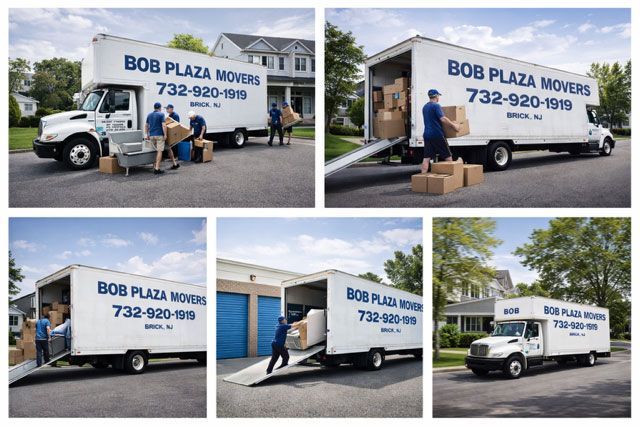 Bob Plaza Movers trucks loading/unloading boxes and furniture at various locations. Blue uniforms, white trucks, sunny weather.