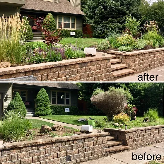 Before-and-after of a landscaped front yard with stone retaining walls, steps, and plants by a house.