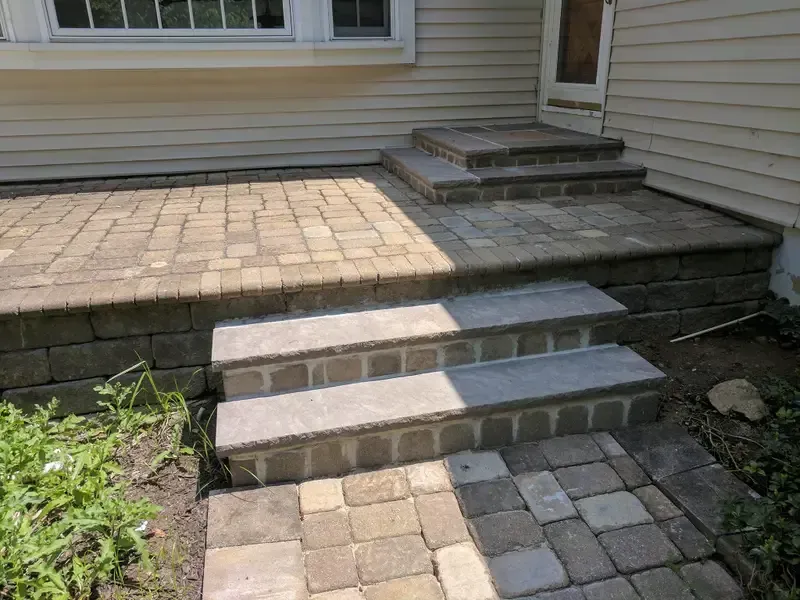 Backyard patio with brick steps leading to a house door and window.